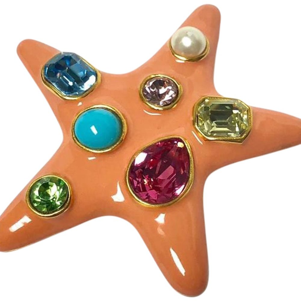 KENNETH JAY LANE,ORANGE ENAMEL PASTEL CRYSTALS PIN